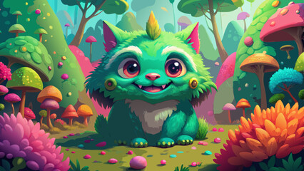 Adorable Green Fantasy Creature in a Vibrant Mushroom Forest