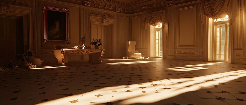 Sunlit, opulent interior of a grand hall.