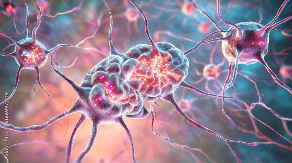 Poster a visually striking d rendering of a human brain with glowing synapses and neural connections, set a