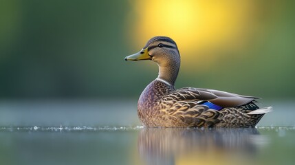 Fototapeta premium Female mallard swimming lake sunset nature wildlife