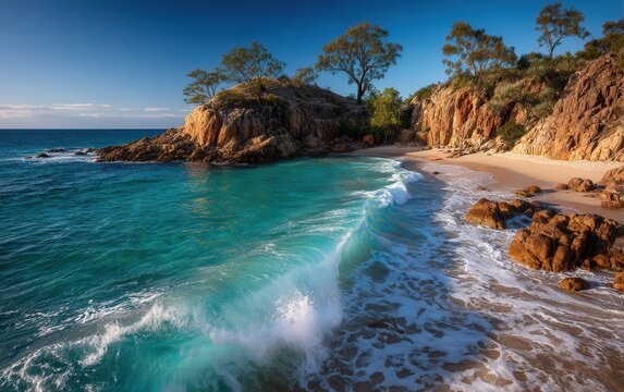 Calm blue water beside a rugged rocky shoreline under clear daylight sky.