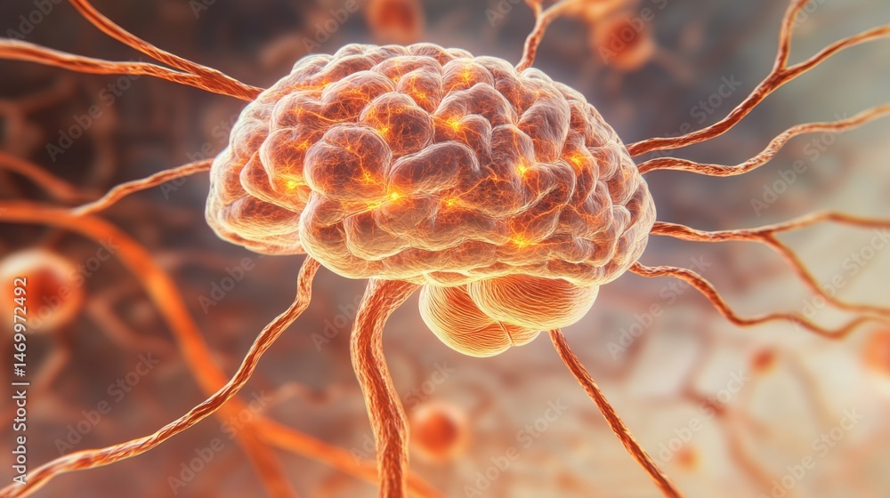 Poster a visually striking d rendering of a human brain with glowing synapses and neural connections, set a
