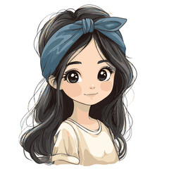 Cartoon Style Portrait Of A Young Woman With A Blue Headband And Large Eyes Graphic