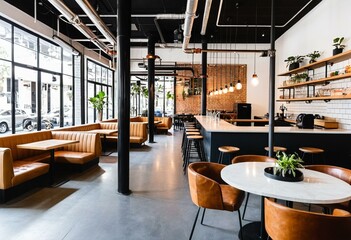 A restaurant with tables and chairs in front of large windows.