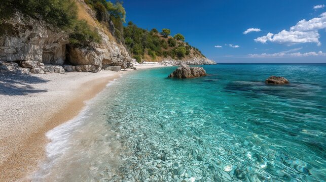 Sandy beach with clear blue water and rugged rocky cliff under bright daylight sky. - Powered by Adobe