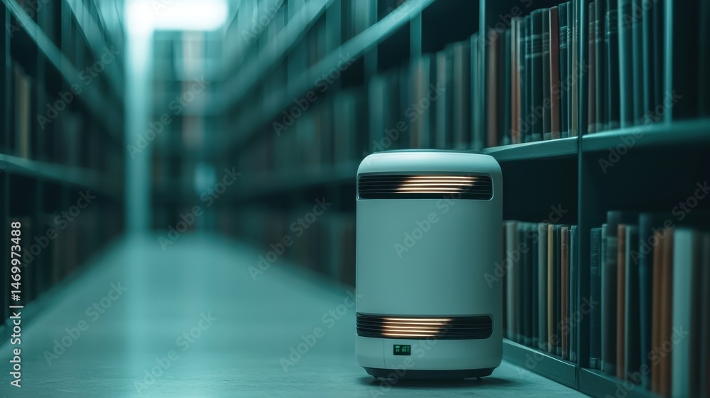 Poster a small robot navigates between bookshelves in a modern, dimly lit library aisle.