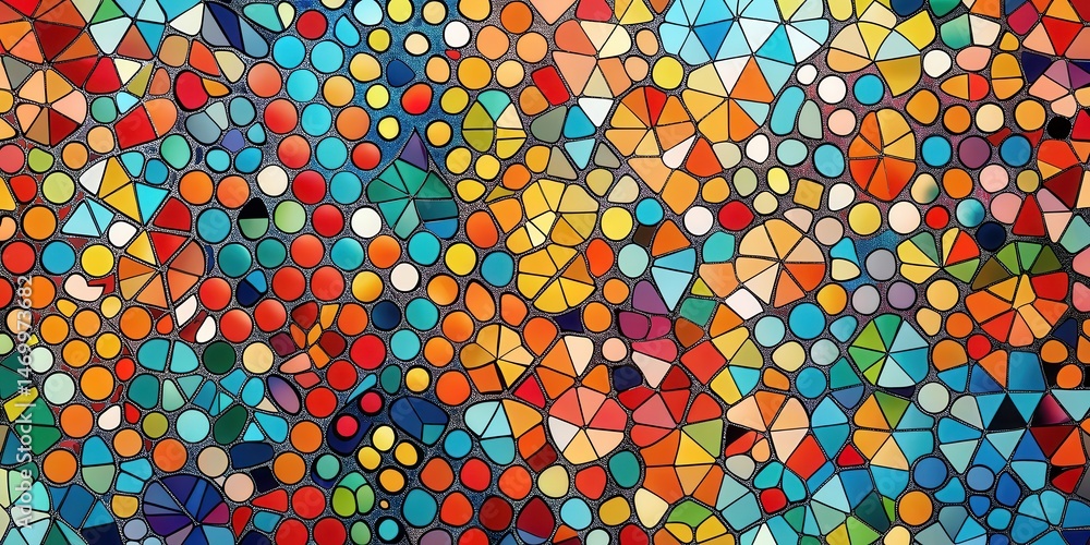 Poster vibrant abstract mosaic design featuring interlocking geometric shapes and circles in a rich palette