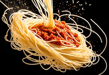 A plate of spaghetti with tomato sauce falling out of it.