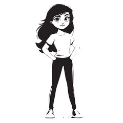 Fototapeta premium Confident Cartoon Girl Posing With Hands On Hips In Black And White Vector Illustration