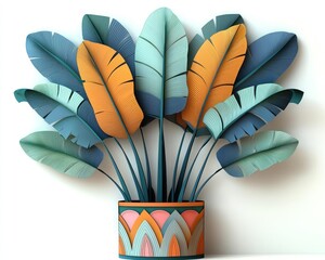 Tropical plant in decorative pot.  Colorful leaves in a stylized design
