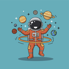 Cute astronaut is playing with some planets