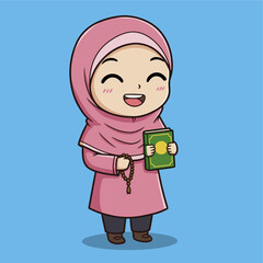 Cute chibi hijab girl hugging al quran and tasbih kawaii cartoon iilustration