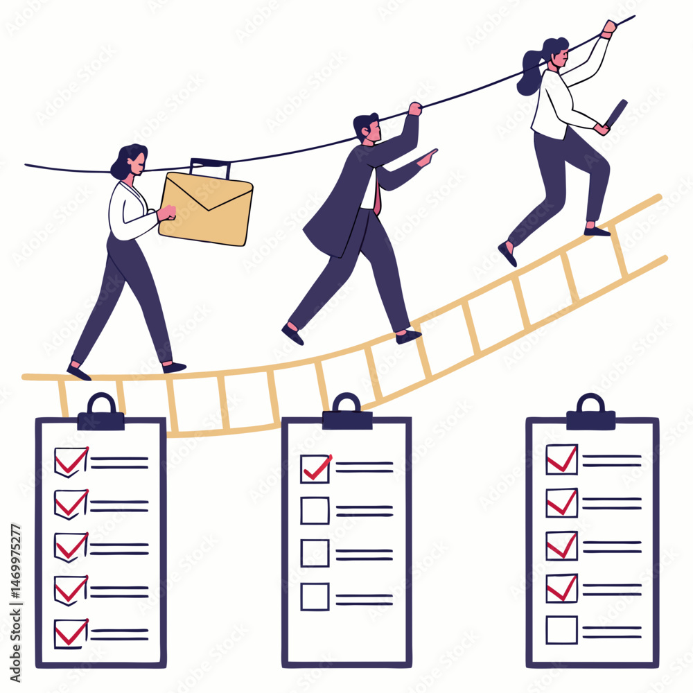 Aufkleber business team navigating a process with checklists and climbing towards goals
