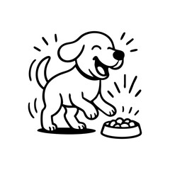 A dog twirling in circles near a food bowl, tail spinning like a propeller, drawn with joyful motion lines.