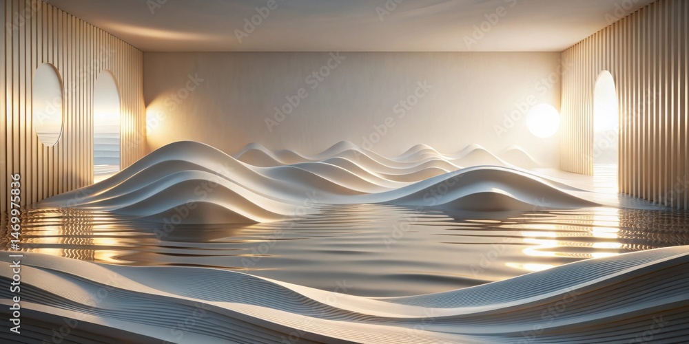 Poster serene minimalist interior design abstract waves reflecting golden light in a tranquil room with woo
