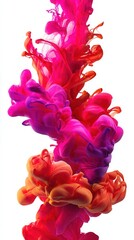 Close-up of vibrant red and pink liquid swirling in clear water with soft lighting and a white background.
