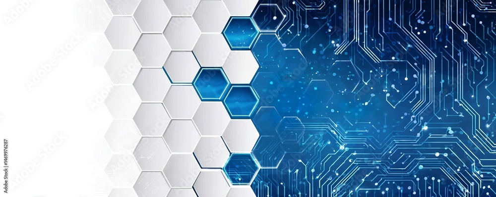 Poster abstract background with blue and white hexagons on the right side, circuit board lines in vector