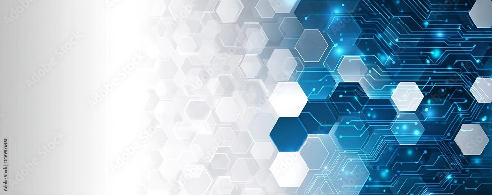 Aufkleber abstract background with blue and white hexagons on the right side, circuit board lines in vector