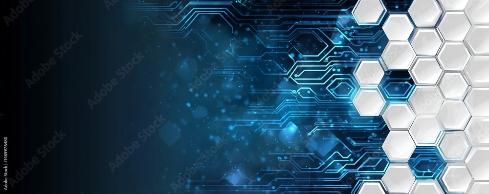 Poster abstract background with blue and white hexagons on the right side, circuit board lines in vector