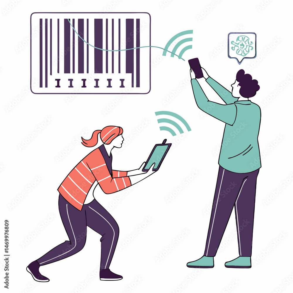 Poster scanning barcode with tablet technology illustrating data information flow and innovation
