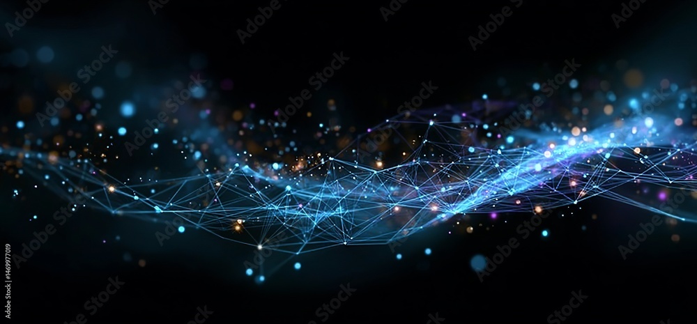 Poster abstract background with blue glowing lines and colorful dots on a black backdrop, forming a