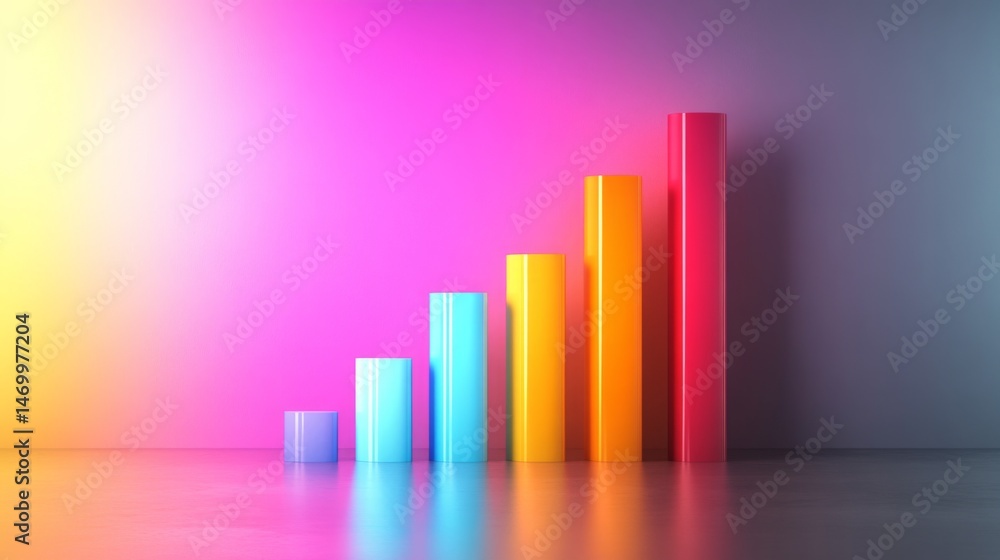 Poster colorful d bar chart with varying heights on a sleek surface, illuminated by soft lighting, creating
