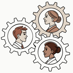 Diverse team members illustrated inside mechanical gearwheels representing collaboration and business