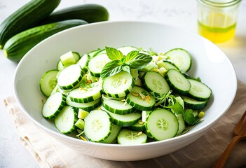 A bowl of sliced cucumbers next to a wooden spoon.