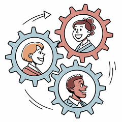 Teamwork and collaboration: three people interacting in a gear mechanism cartoon illustration