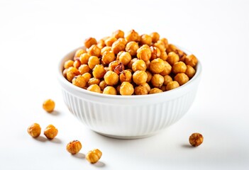 A bowl of roasted chickpeas on a white surface.