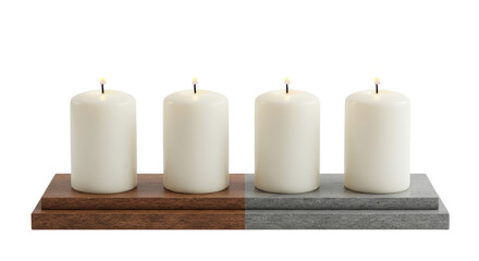 Isolated Four White Candles on Wooden Holders