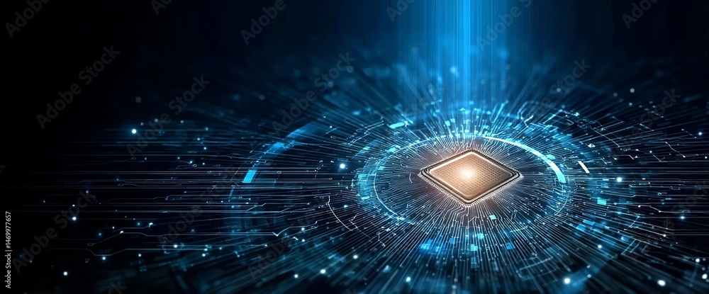 Poster abstract background with digital elements and microchips, symbolizing the power of technology in