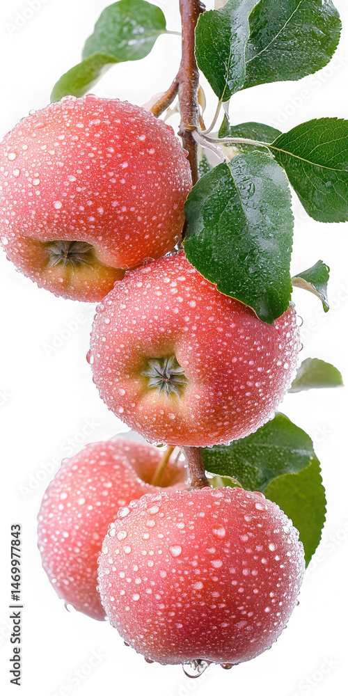 Poster fresh red apples on branch with water droplets isolated on transparent background