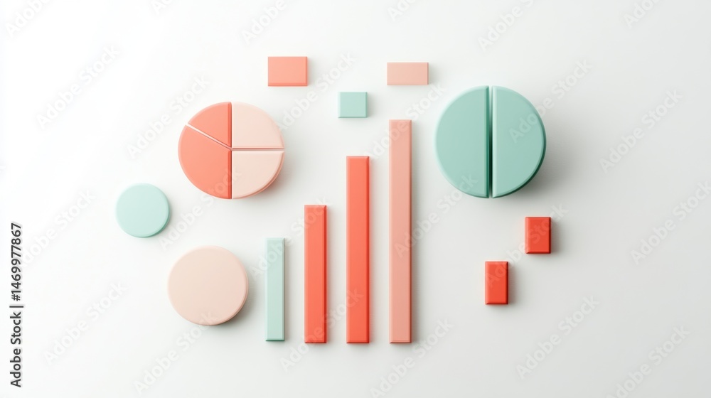 Poster elegant d chart elements floating against a white background, featuring bars and pie segments in var