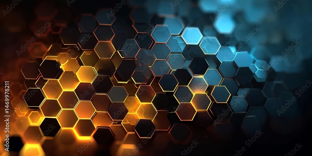 Poster abstract background with glowing hexagons in dark colors. digital technology concept. abstract