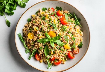 A bowl of farro salad with tomatoes and basil.