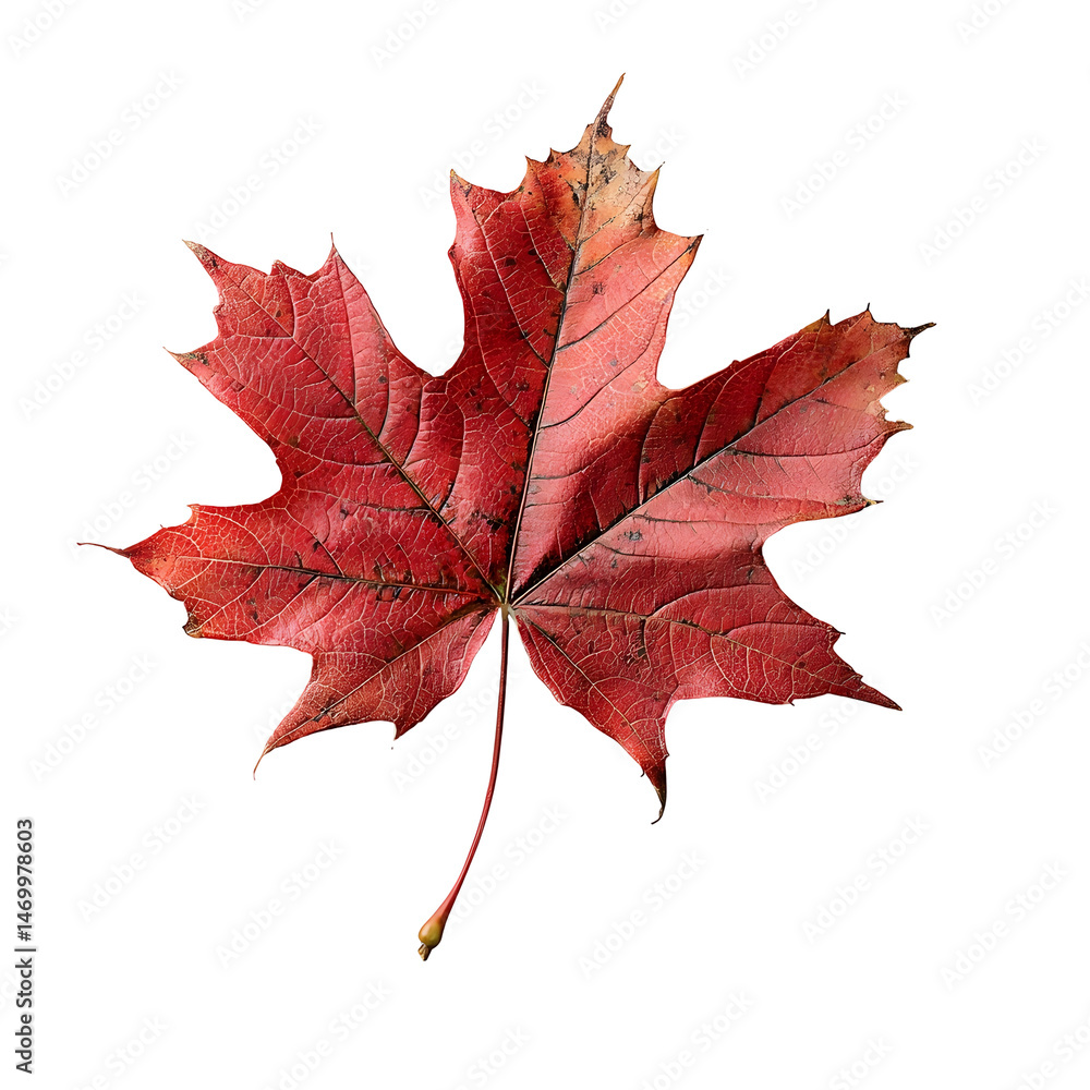 Poster a photograph of a single beautifully detailed red maple leaf with sharp edges and visible veins isol