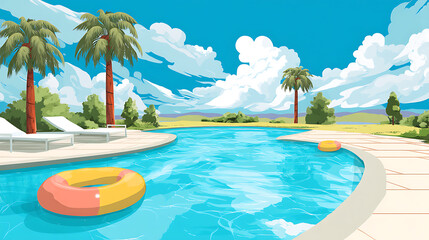 Obraz premium Vibrant poolside scene with inflatable ring, palm trees, and scenic landscape under blue sky
