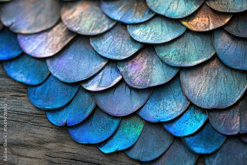 Aufkleber close-up of iridescent, scale-like structures arranged in overlapping rows, resembling fish scales o