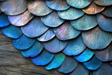 Close-up of iridescent, scale-like structures arranged in overlapping rows, resembling fish scales or armor.