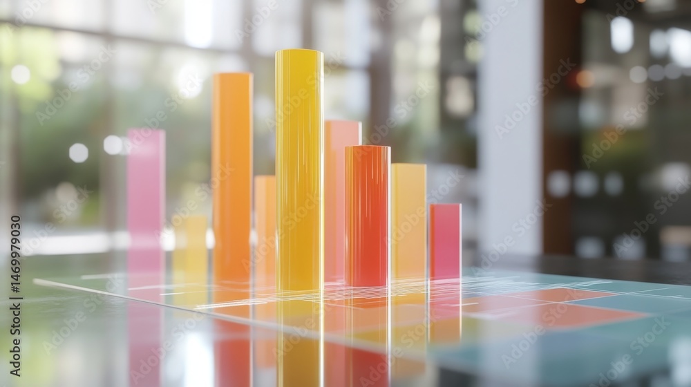 Poster interactive d bar graph with dynamic colors and heights, positioned on a glass table, surrounded by 
