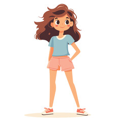 Cute Cartoon Girl Character With Brown Hair In Summer Outfit Standing Confidently Isolated On White Background