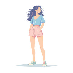Young Woman With Flowing Hair Wearing Casual Summer Clothes Full Body Illustration