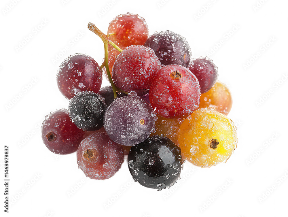 Poster fresh colorful grape cluster with water droplets isolated on transparent background