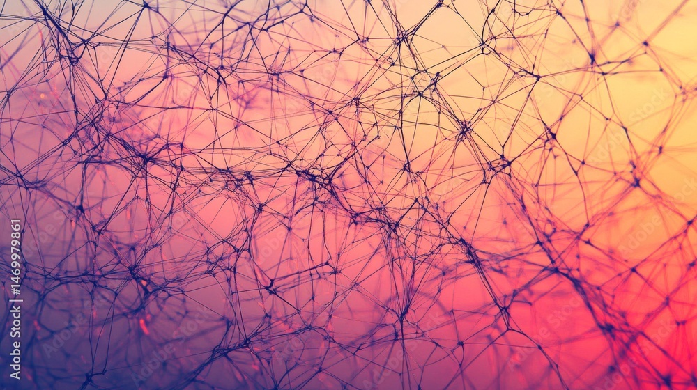 Poster intricate web of interconnected lines and shapes in a colorful gradient, creating a complex and visu
