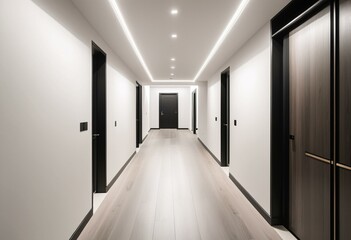 A long hallway with black doors and white walls.