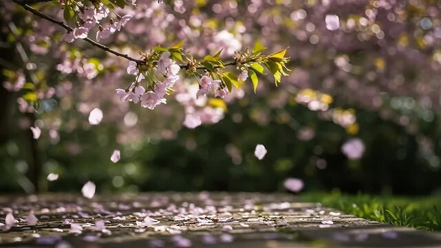 Blossoming cherry tree petals falling on the ground in springtime  