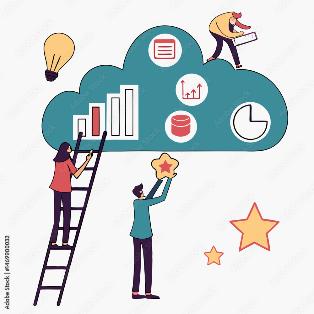 Poster cloud computing and data analysis team work process with creative ideas