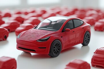 Red electric car surrounded by many more