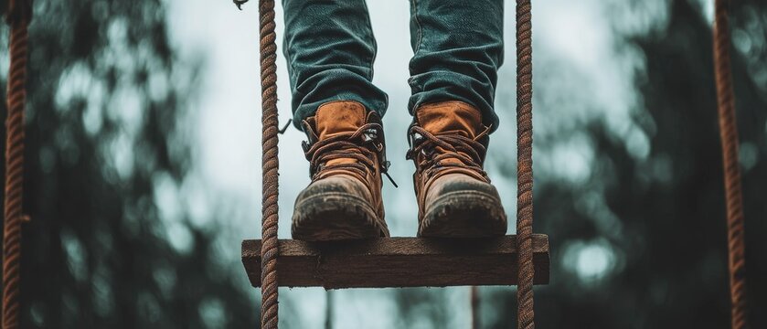 Closeup of work boots on a rustic metal ladder.